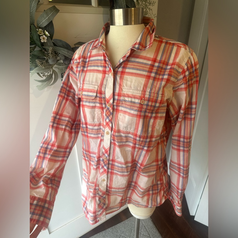 The North Face Shirt Large Women's Cotton Plaid Button Down Orange Tab Sleeves